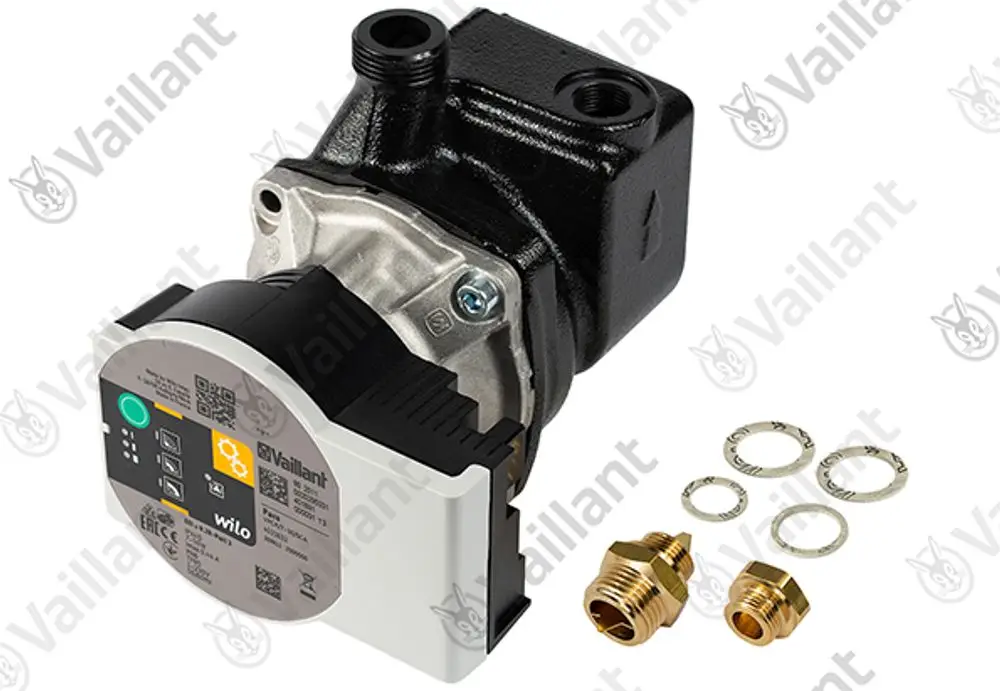 Vaillant Pumpe mit integriertem elektronischen Steuergerät, auf einem schwarzen Gehäuse montiert. Zubehörteile wie Dichtungen und Anschlussstücke liegen daneben.